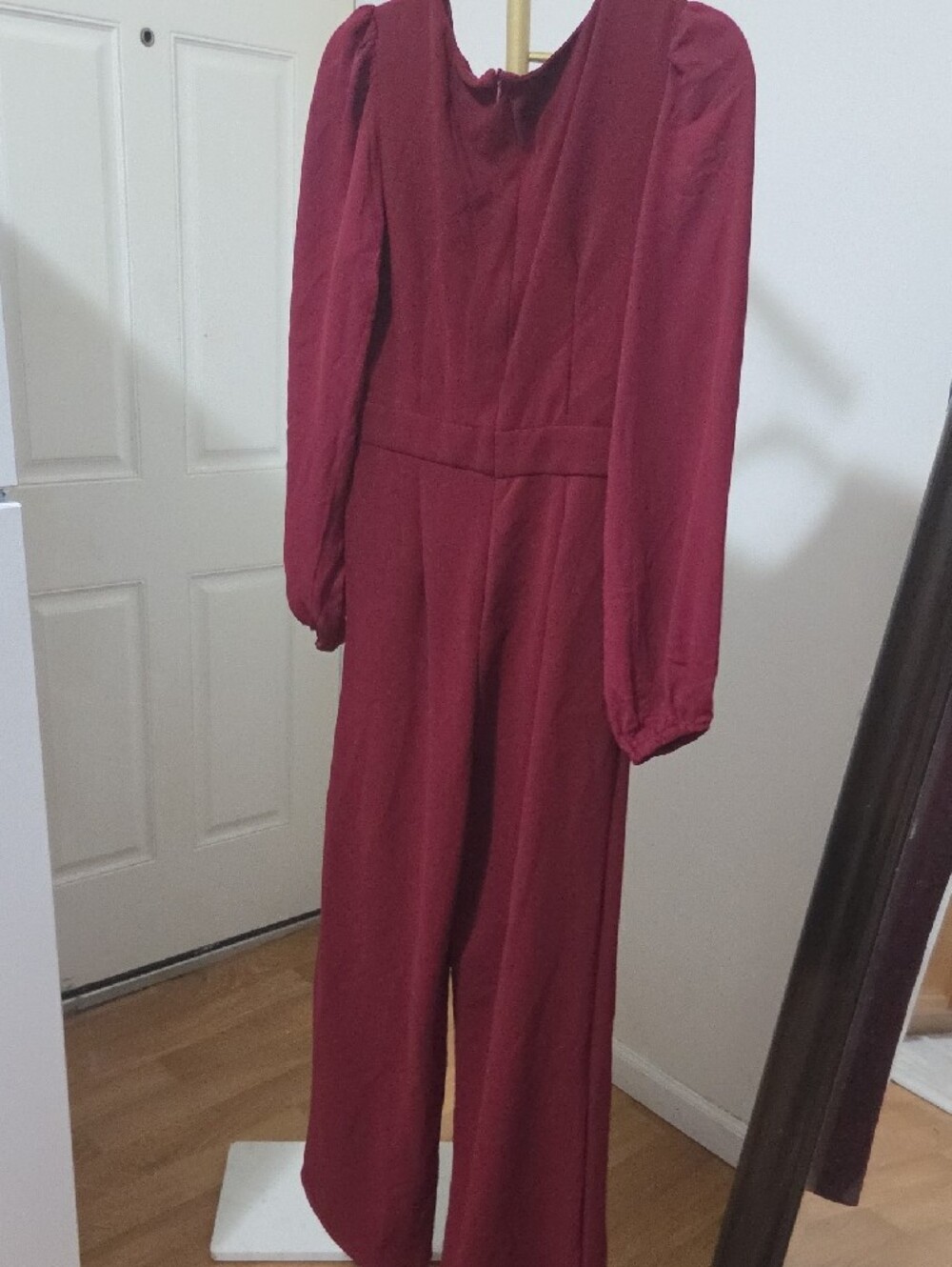 Women's Burgundy Long Sleeve Jumpsuit - Picture 3 of 6